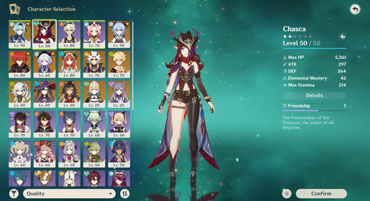 EU AR55 | 5 stars*15 CHASCA | EULA | GANYU | NILOU | ARATAKI ITTO | NAHIDA | QIQI | MONA | JEAN | KEQING | DEHYA | DILUC | AMOS' BOW | SKYWARD SPINE | SKYWARD ATLAS + lots of 4* characters and weapons