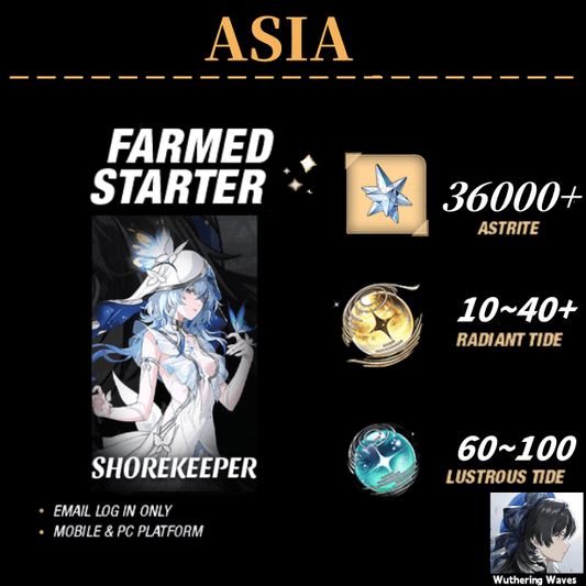 ASIA server|The Shorekeeper+36000 Astrite|60+Lustrous Tide|Radiant Tide:10+|outlook mailbox|safe and stable|0-20 weapons|Wuthering Waves Resource Account Starter All Server