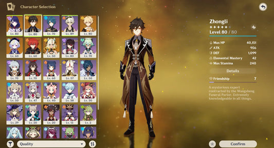NA AR53 | 5 stars*6 ZHONGLI | RAIDEN SHOGUN | XILONEN | QIQI(C2) | DILUC | SKYWARD HARP + lots of 4* characters and weapons