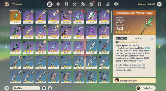 NA AR45 | 5 stars*7 CYNO | ALHAITHAM | RAIDEN SHOGUN | KEQING(C1) | DILUC | JEAN | PRIMORDIAL JADE WINGED-SPEAR + lots of 4* characters and weapons