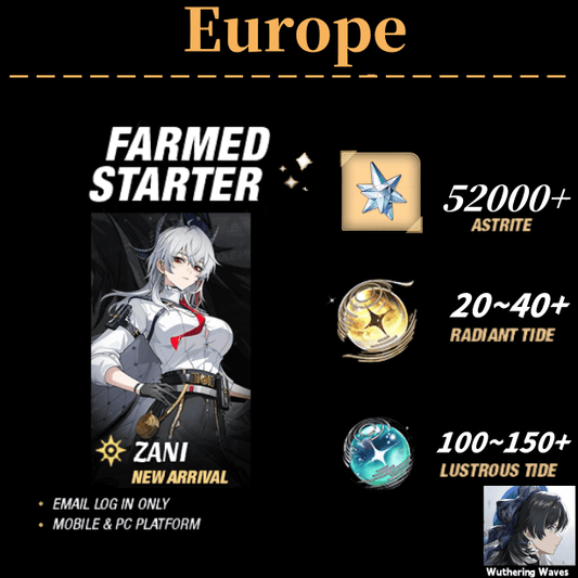 EU server|Zani+52000 Astrite|100+Lustrous Tide|Radiant Tide:20+|outlook mailbox|safe and stable|0-20 weapons|Wuthering Waves Resource Account Starter All Server