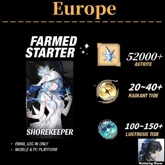 EU server|The Shorekeeper+52000 Astrite|100+Lustrous Tide|Radiant Tide：20+|outlook mailbox|safe and stable|0-20 weapons|Wuthering Waves Resource Account Starter All Server